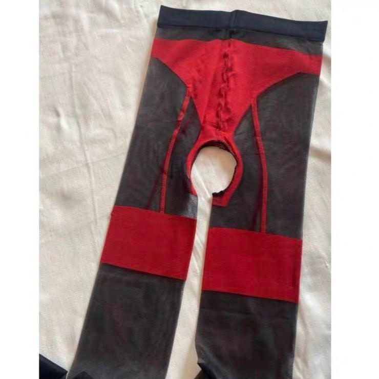 Red Suspender Style black Stockings Pantyhose with Red Trim – Sheer Stretch Tights One Size Fits Most