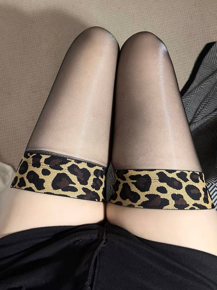 Sexy Leopard Aurora Glossy Thigh High Stockings – Oil Shine Over Knee Black Hosiery
