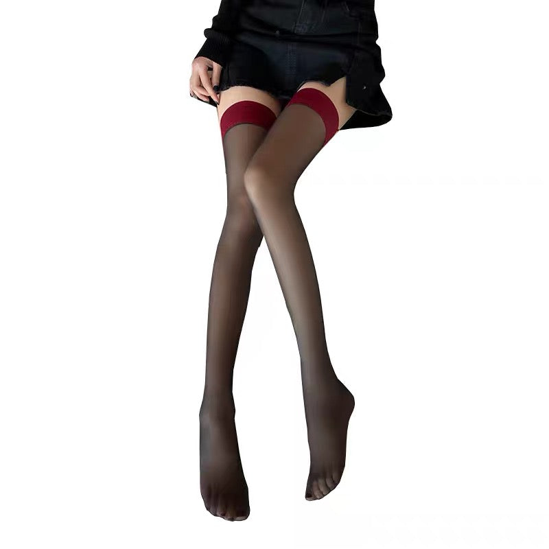 Black Thigh High Stockings with Red Top Band – Stretch Over-the-Knee Stockings One Size fit