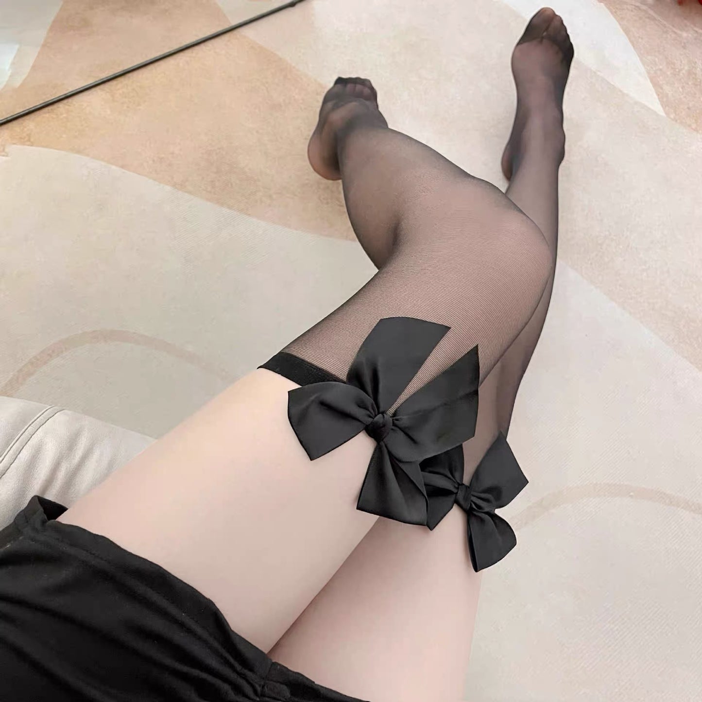 Black Over Knee Stockings with Bow Detail –Stretch Thigh High Socks One Size