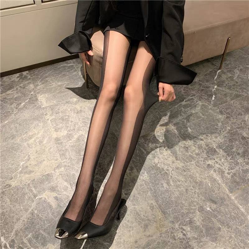 Fashion Striped Contrast Panel hosiery– Sheer Black Stockings
