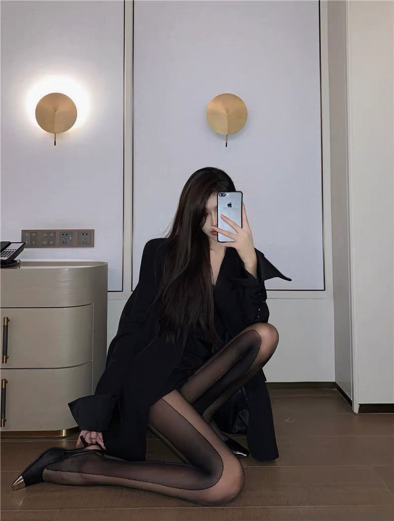 Fashion Striped Contrast Panel hosiery– Sheer Black Stockings