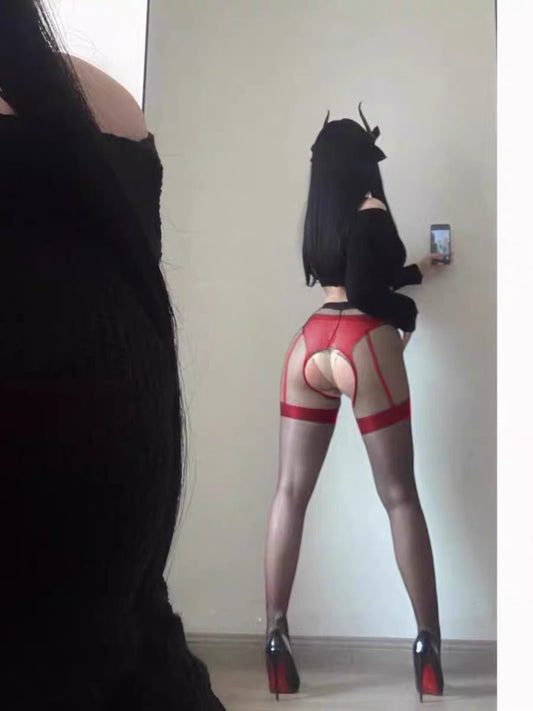 Red Suspender Style black Stockings Pantyhose with Red Trim – Sheer Stretch Tights  One Size Fits Most