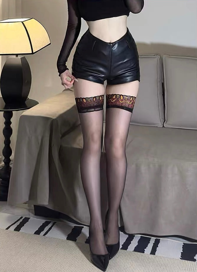 Sexy Peacock Lace Top Over Knee Stockings – Sheer Black Thigh High Hosiery
